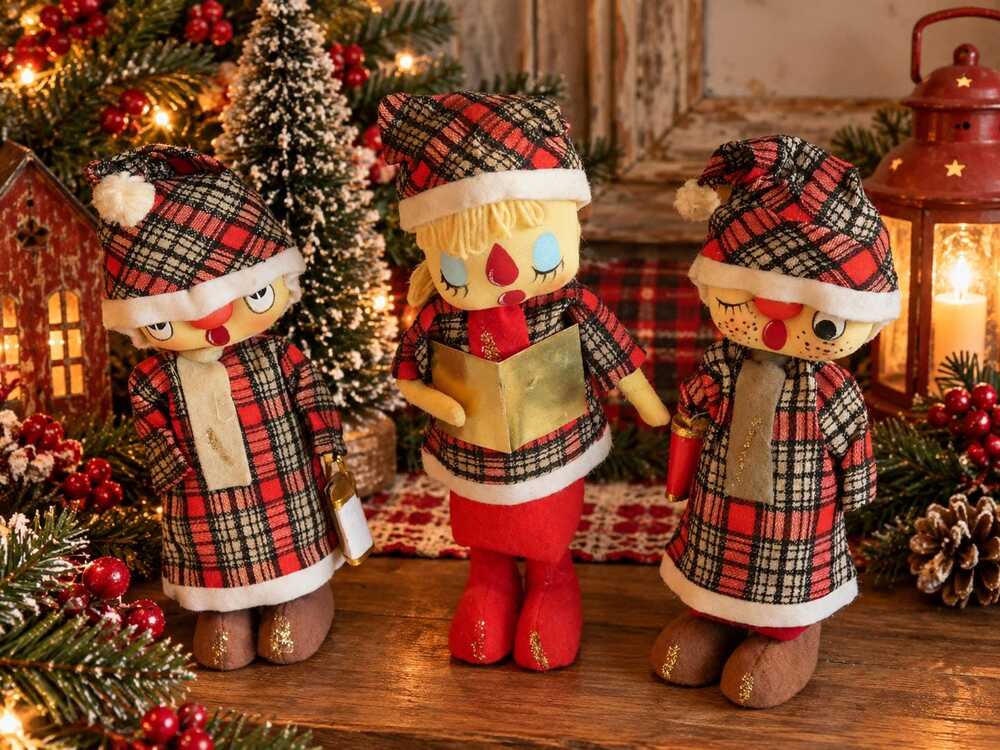 Vintage Christmas Carolers Set of 3 Made in Japan Plaid Holiday Figures Mid Cent